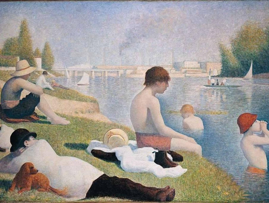 scène de groupe sur les bords de Seine avec baigneurs dans l'eau ou allongés sur l'herbe de la berge