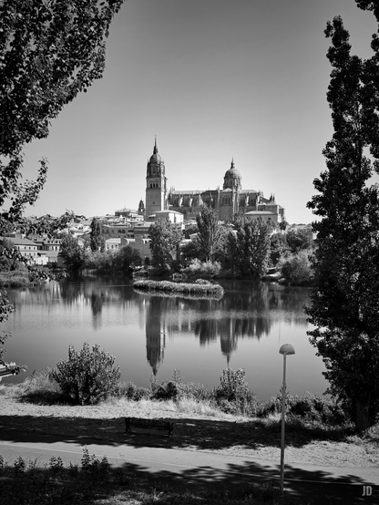 La imagen en blanco y negro muestra una ciudad vista desde la orilla de un río tranquilo, en el que se reflejan edificios y árboles. Destaca una catedral con torres imponentes al fondo, rodeada de construcciones más bajas y vegetación. En primer plano, hay un banco, un camino y un farol, enmarcados por árboles que bordean la escena.