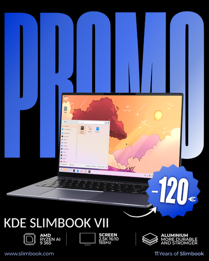 Promotional graphic for the KDE Slimbook VII on a black background. An open laptop displaying the KDE Plasma desktop is centered in front of the large blue word "PROMO." A blue badge in the bottom-right corner highlights a €120 discount. At the bottom, the image lists the laptop's key features: AMD Ryzen AI 9 365 processor, 16:10 2.5K 165 Hz display, and durable aluminum chassis. The graphic is part of Slimbook's 11th anniversary campaign.