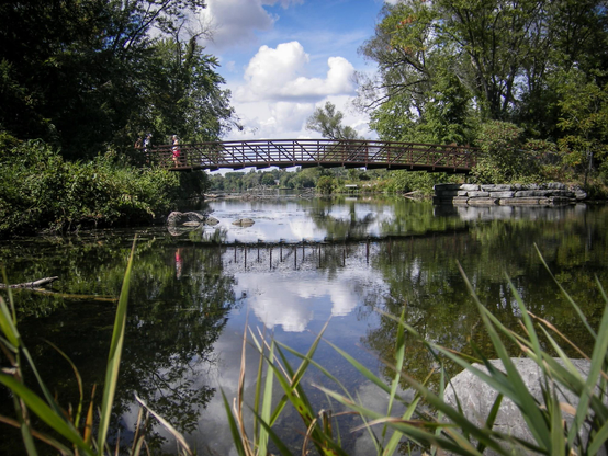 A footbridge with a couple pf people on it is seen crossing a shallow stream. Trees are seen on both sides and clouds fill the distant sky. Rocks and some tall rushes are seen in the bottom foreground. 