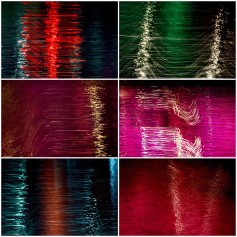 A collage of six landscape-format images taken with intentional camera movement and one-second exposures at night, showing neon lights reflecting on the surface of a slow-moving river, creating abstract patterns and revealing the depth of the reds, blues, greens, pinks, oranges and whites.
