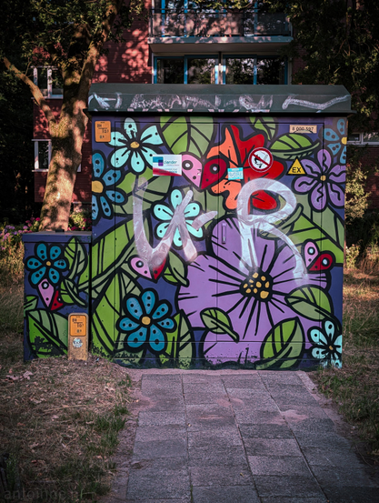 An outdoor utility box painted with a vibrant floral mural featuring colorful flowers (purple, blue, orange) and green leaves in a thick, illustrative style.

White graffiti tags are spray-painted over the art, alongside standard utility markings, including a "Liander" sticker (Dutch grid operator) and hazard signs.

The box is located in a residential area, situated at the end of a stone path near a large tree and an apartment building.