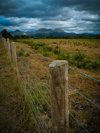 A rustic wooden post and barbed wire fence lines the edge of a rural grazing meadow. The grasses in the meadow are golden from the sun with green bushes popping up. The fence disappears along the left side of the image toward a range of mountains rising beneath a dark, dramatic sky filled with heavy rain clouds.