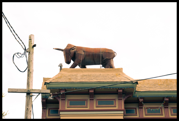 A giant, rusting, metal bull - the size of a car - on the roof of a Victorian in downtown Noe Valley. Like the restaurant on the ground floor (Haystack Pizza), it's been there for decades.

Coincidentally, 5 days ago, I had a chimney guy out at the house to replace a rotating chimney stack that was squealing like a motherfucker. No amount of oil would silence it and it was driving me crazy. So now we have a non-rotating chimney T and I gotta say the newfound silence in our livingroom is glorious.

Also, as long as I'm rambling, if you've never heard Darius Milhaud's Le Boeuf Sur Le Toit (the bull on the roof), do so now. It's a delightful Brazilian-inspired, short composition and ballet. 

https://youtu.be/GFIiumZgx9c