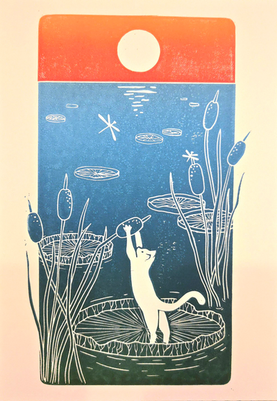 Linocut print of a cat on a lake at sunset
