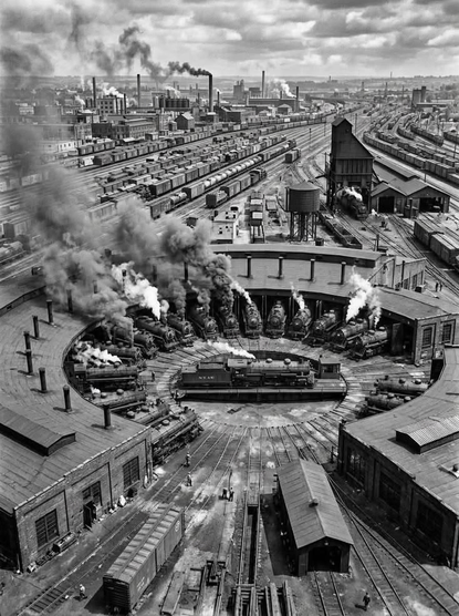 des locomotives à vapeur réunies en cercle