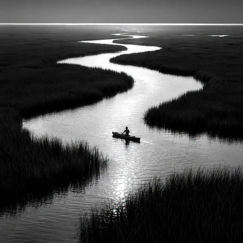 un pagayeur suit en canoë-kayak le cours sinueux d'une voie d'eau vers un horizon lointain idéalisé