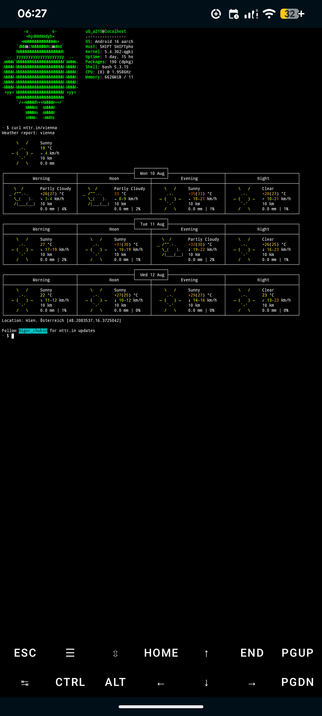 curl output from: curl wttr.in/vienna on android with termux - simple text gfx - weather in vienna/austria