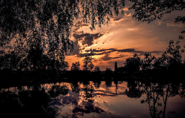 Eine Sonnenuntergangszene an einem kleinen See. Die Bäume drum herum wie auch die gefärbten Wolken spiegeln sich auf der glatte Wasseroberfläche wieder. Die Sonne ist gerade untergegangen strahlt aber noch den Himmel in einem Orangeton an. 