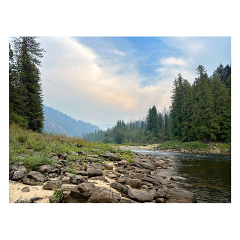 The Clearwater River in Idaho winds between rocky, tree-lined banks as it recedes to distant, overlapping hills covered in conifer forests. Above are masses of white clouds with a glimpse of blue sky.