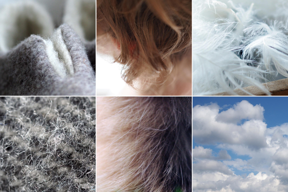 Eine Collage aus sechs Bildern, die alle flauschige Texturen zeigen: Ein Hausschuh aus Wolle, Haare eines Kindes, Federn, eine Wolldecke, Fell einer Katze und Schäfchenwolken am Himmel.

A collage of six images, all showing fluffy textures: a woollen slipper, a child’s hair, feathers, a woollen blanket, a cat’s fur and fluffy clouds in the sky.