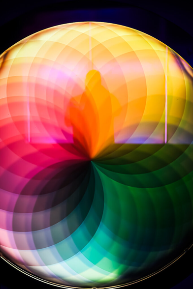A spiral color wheel with different shades of green, purple, oranges, and yellows.