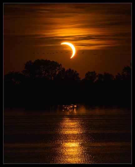 Sonnenfinsternis mit glühenden Wolken an Baumreihensilhouette und Seespiegelung garniert mit einem schwarm Vögeln.
