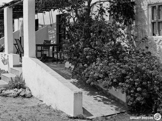 A black and white image of a rustic holicat cottage at Cortijo La Molina featuring a porch with a table and chairs, surrounded by flowering plants and a concrete ramp leading to the entrance. The scene conveys a tranquil outdoor space.
