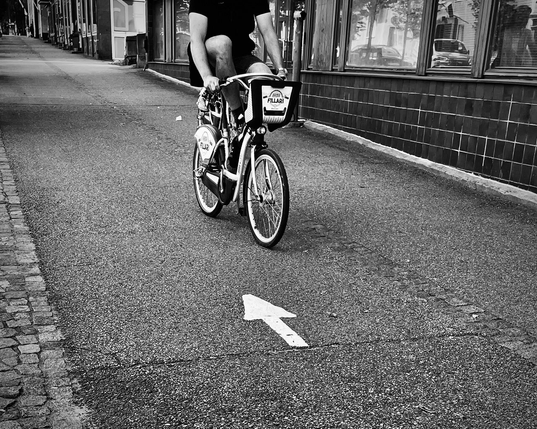 Black and white photo of a person riding a rental bike against the direction indicated by the arrow painted on the asphalt.