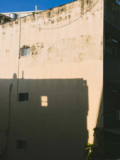 A tall building casts a shadow on a beige wall with small windows, with a plant growing at the bottom right corner.