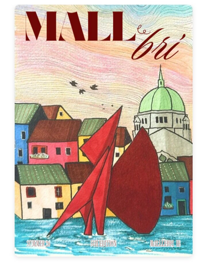 The cover of the birthday issue of Mall le Brí magazine - drawn by my friend. It is bright an d colourful and has iconic structures like the  Quincentennial Sculpture (Galway hooker fountain) and the cathedral.