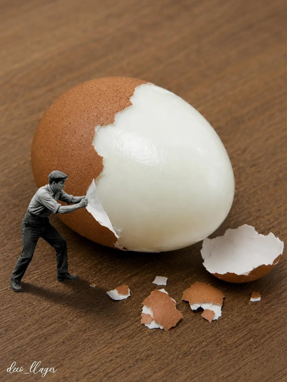 un homme écale un oeuf aussi grand que lui